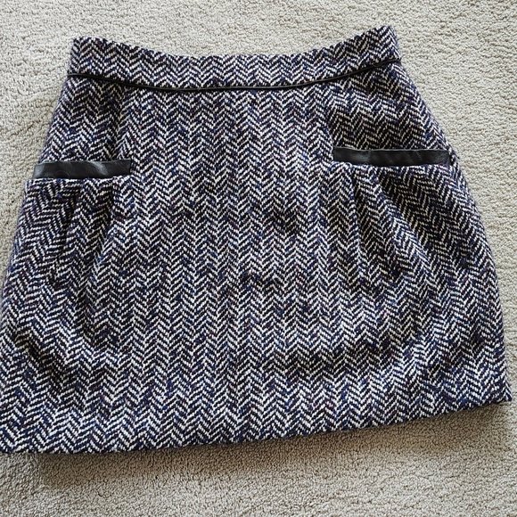 Tibi wool/ leather trim pockets herringbone high waist mini skirt Sz 6 - Picture 4 of 9